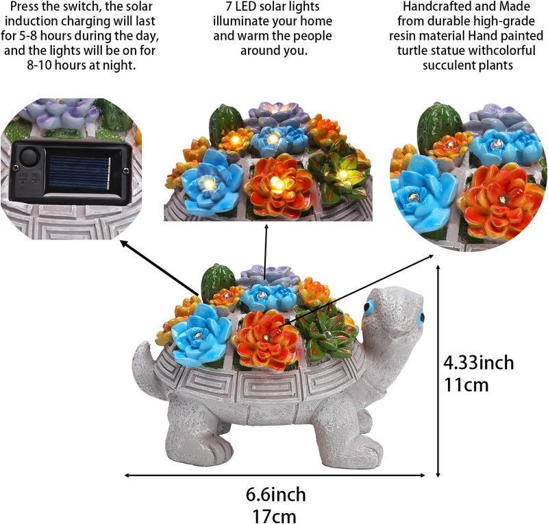 halp·ssfm Solar Garden Turtle Statues 7 LED Lights Outdoor Decor Turtle with Succulent Resin Sculpture Patio Porch Balcony Yard Lawn Art Decor Birthday Father's Day Gifts for Women Grandma Housewarming Gifts - Image 5